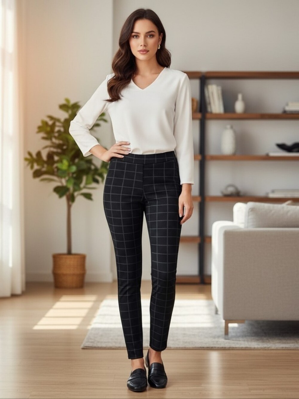 Maze Collection Grid‑Line Slim Pants – Modern Minimalist Chic Size Medium